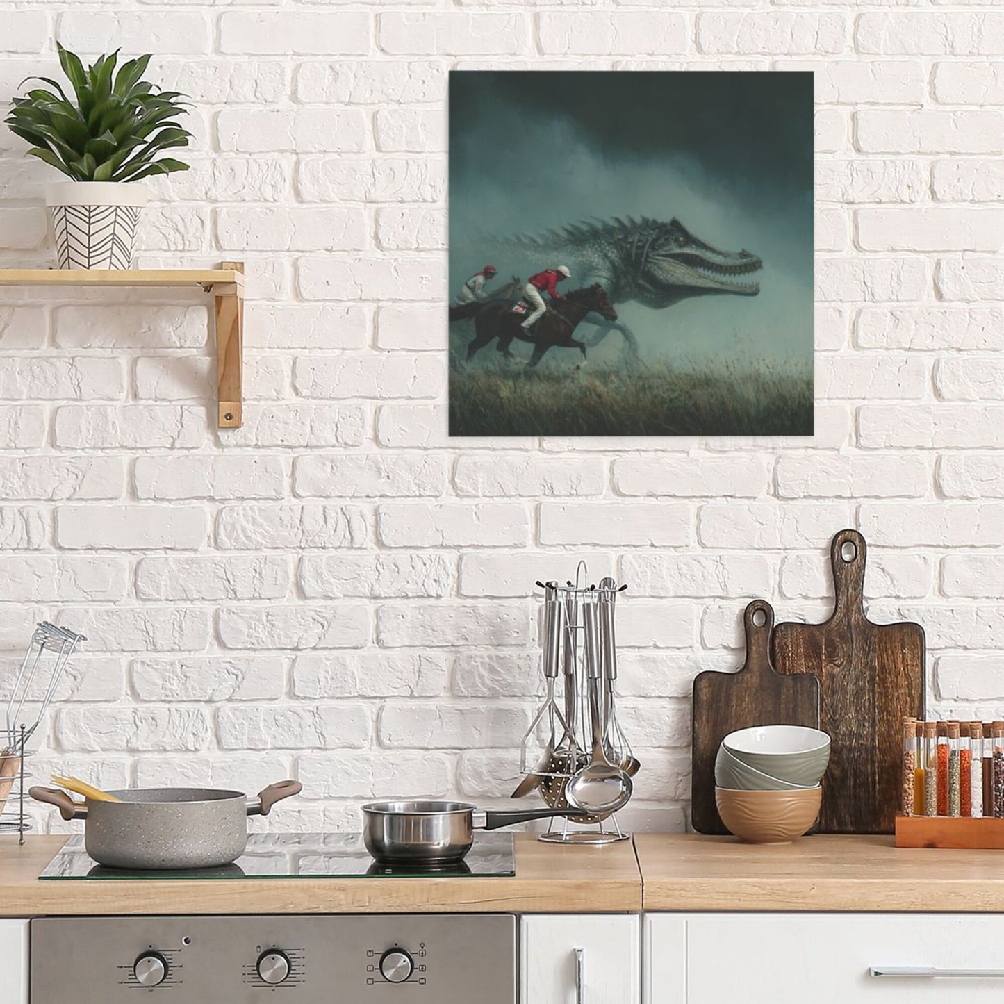 Fantasy Horse Racing & Dinosaur Frameless Square Decorative Canvas Prints (3 - Piece Set)
