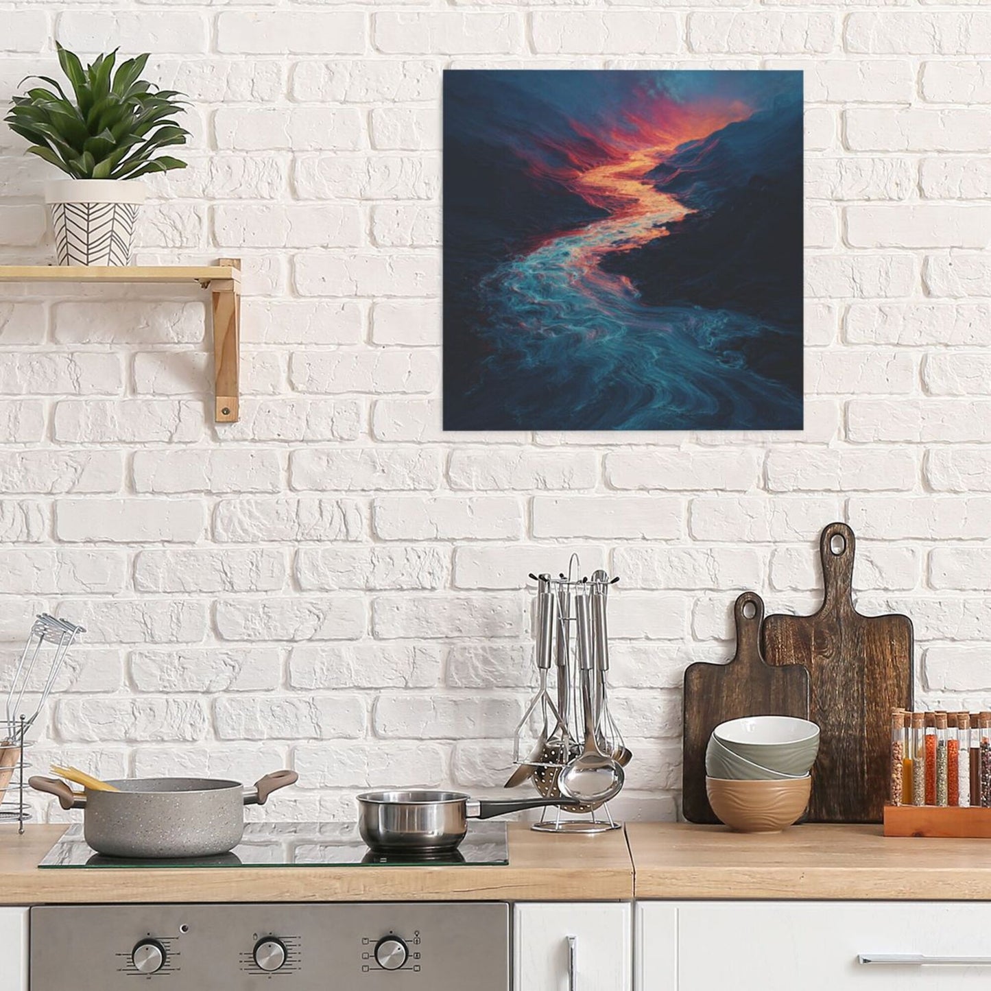 Fantasy Mountain - River Frameless Square Decorative Canvas Prints (3 - Piece Set)