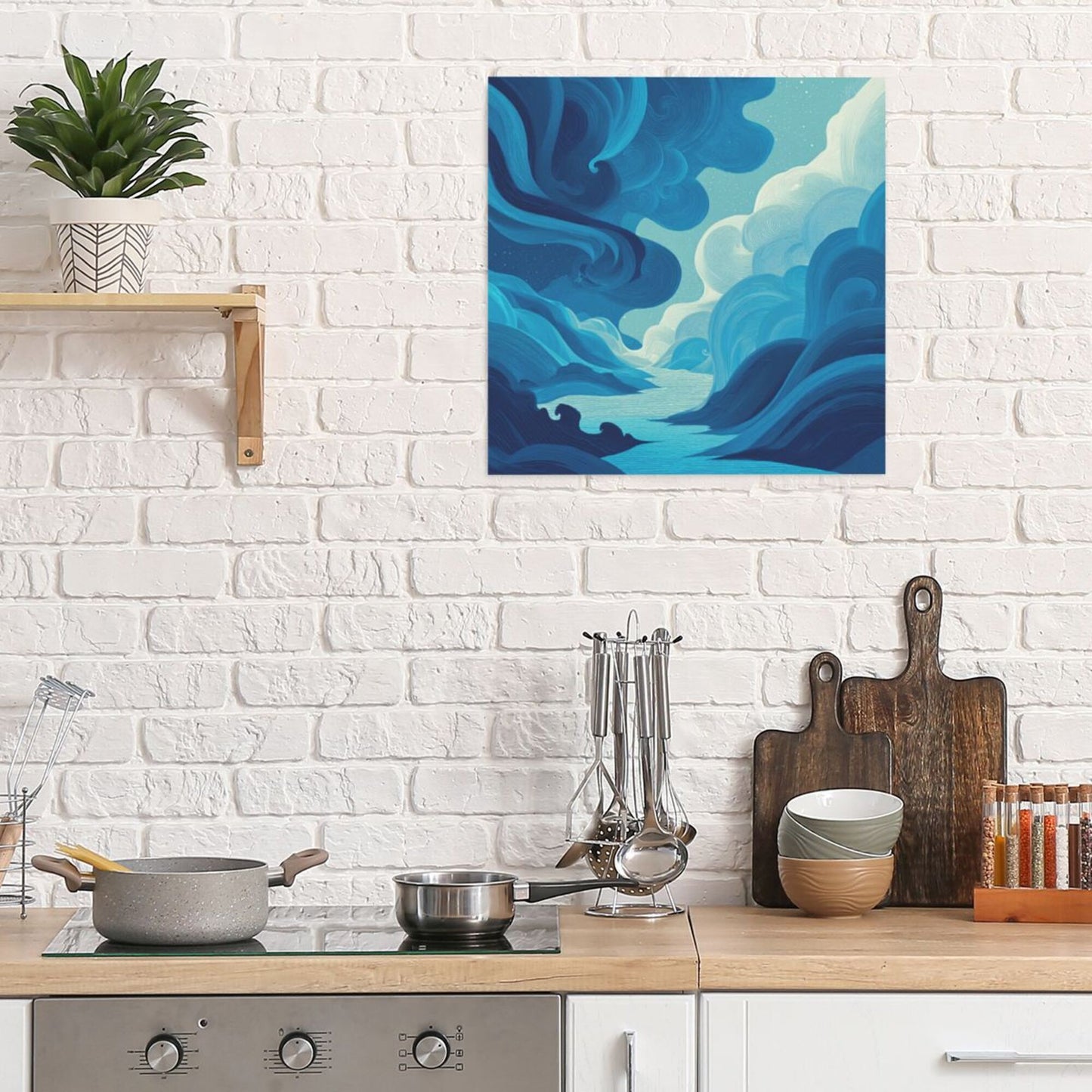 Blue - Toned Abstract Landscape Frameless Square Decorative Canvas Prints (3 - Piece Set)