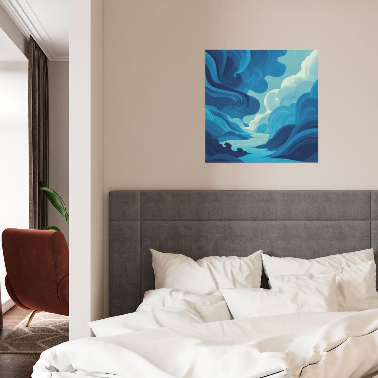 Blue - Toned Abstract Landscape Frameless Square Decorative Canvas Prints (3 - Piece Set)